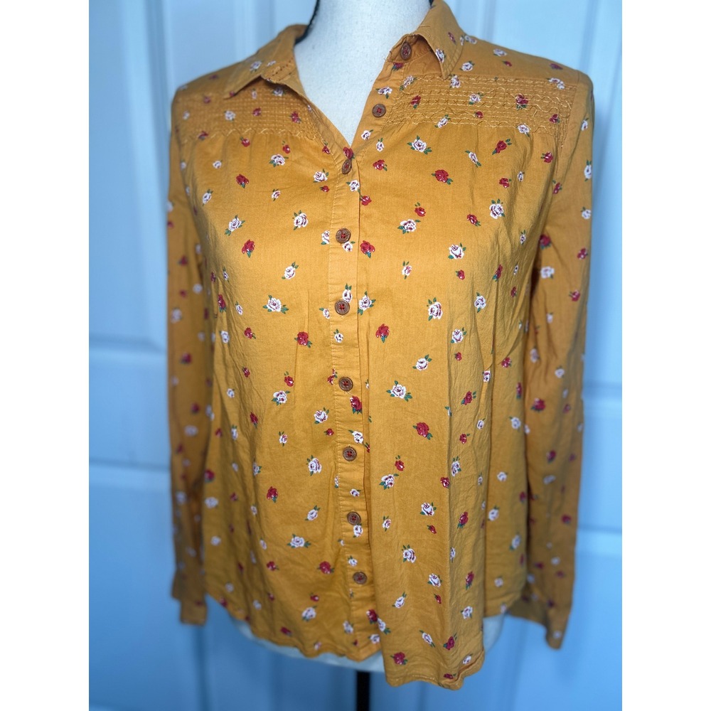 Maeve Anthropologie Phyllis Button Down Shirt Size 4 Yellow Floral Long Sleeve‎